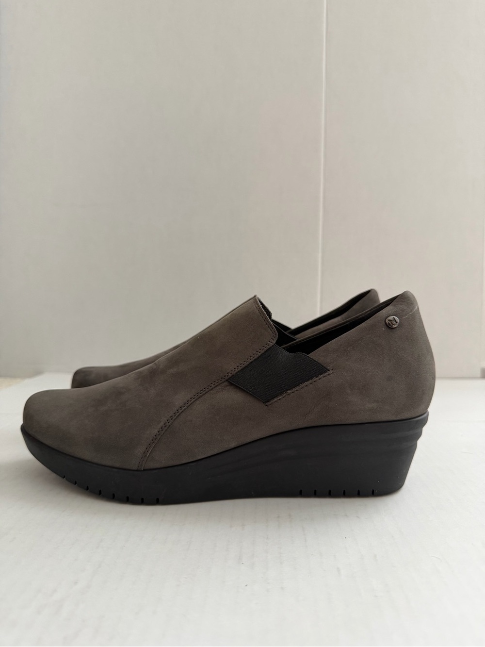 Mephisto Taupe Wedge Slip-On Loafers